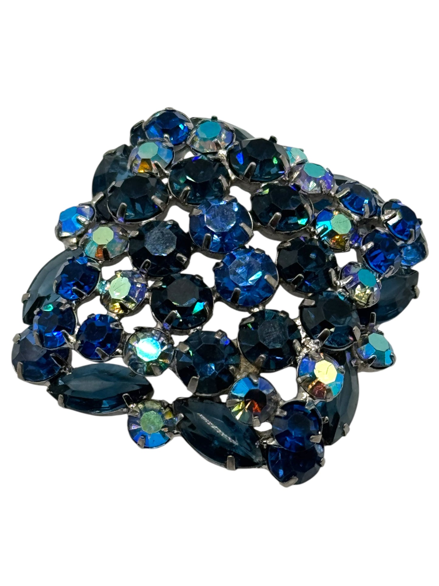 Vintage 1960s Sapphire Blue Aurora Borealis Domed Rhinestone Brooch | Layered Mid-Century Statement Jewelry