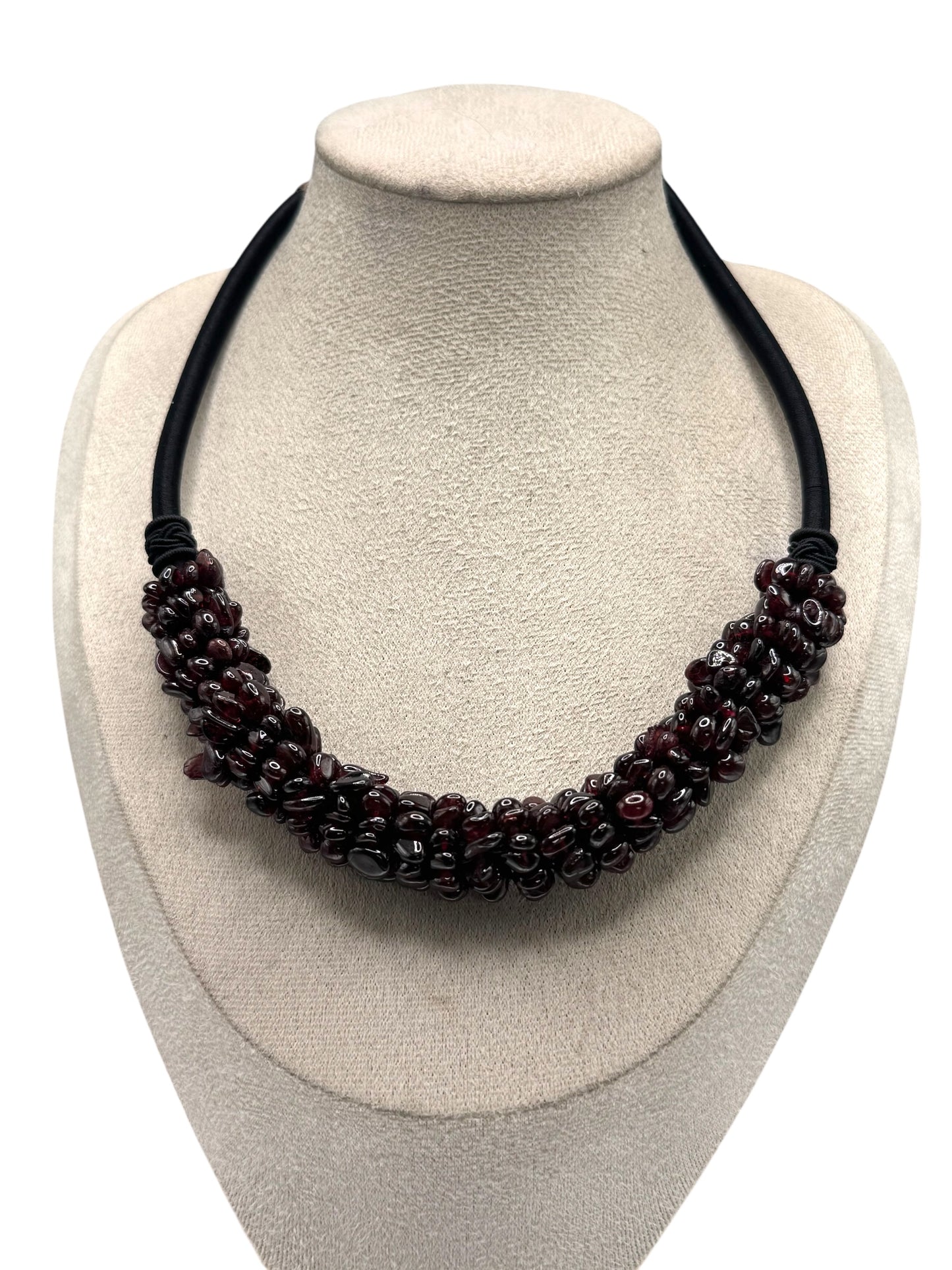 Natural Garnet Cabochon Choker Necklace with Silk Cord & Jadeite Bead Closure – 18” Adjustable