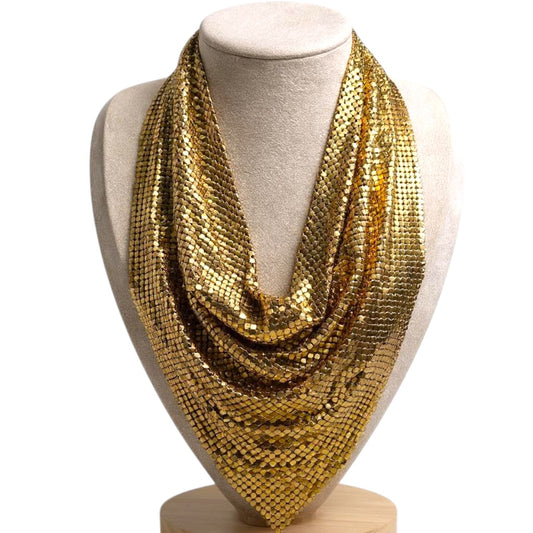 Vintage Whiting & Davis Gold Mesh Bib Necklace – 1970s Couture Statement Collar, Signed