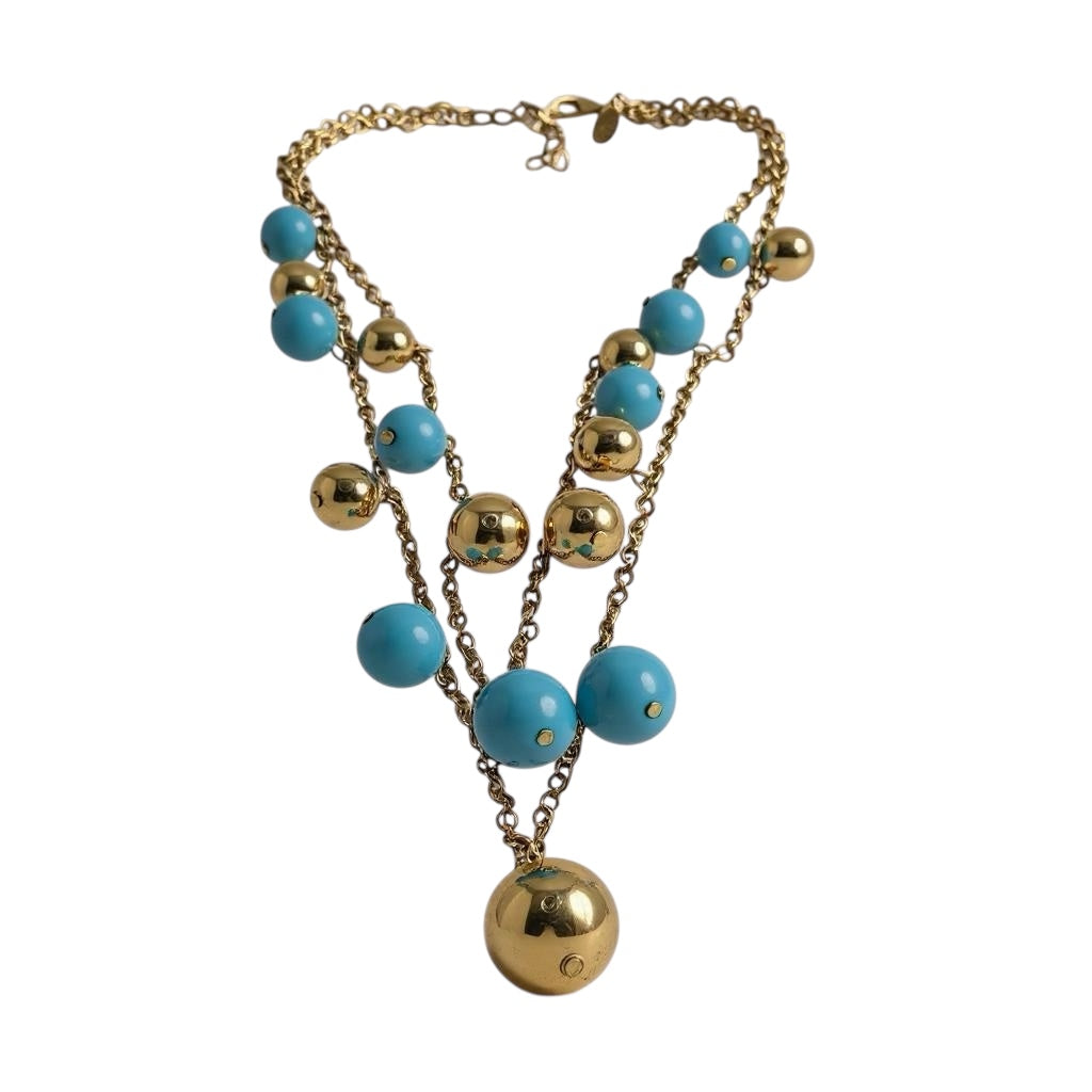 Signed KJL turquoise and gold tone orb necklace – bold double strand statement