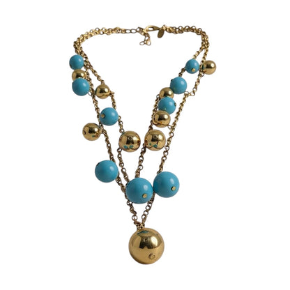 Signed KJL turquoise and gold tone orb necklace – bold double strand statement
