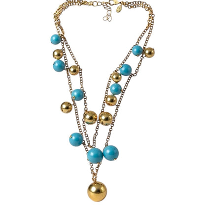 Signed KJL turquoise and gold tone orb necklace – bold double strand statement