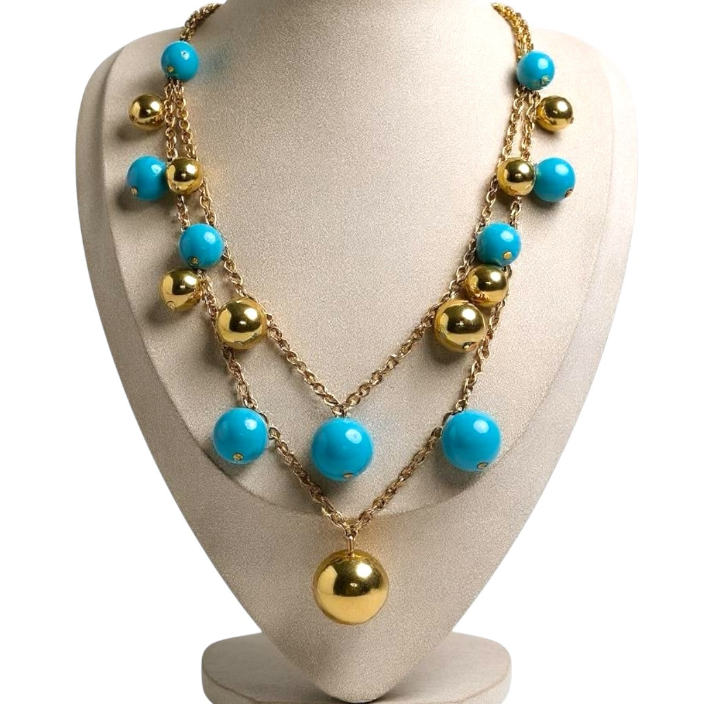 Signed KJL turquoise and gold tone orb necklace – bold double strand statement