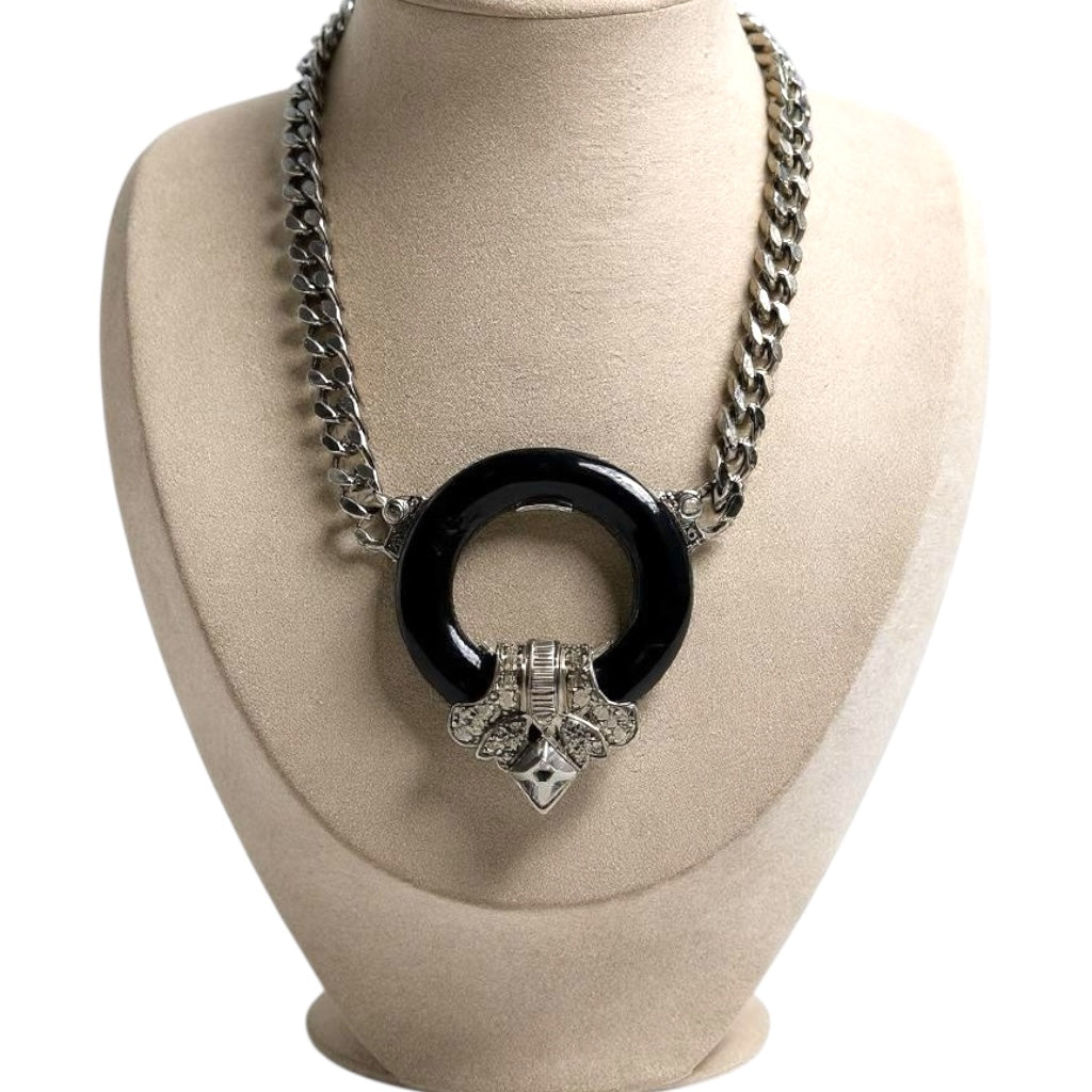 Vintage CRAFT signed Art Deco revival statement necklace – black lucite, rhinestones & crystal – 1970s–80s bold couture jewelry