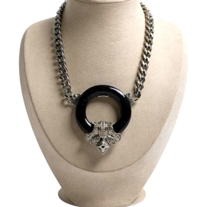 Vintage CRAFT signed Art Deco revival statement necklace – black lucite, rhinestones & crystal – 1970s–80s bold couture jewelry