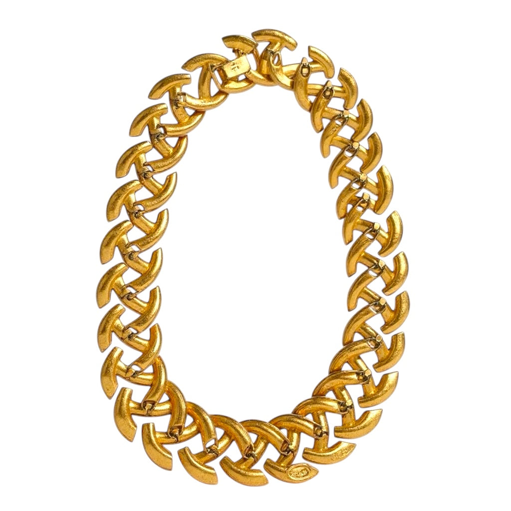 Vintage Napier patent pending articulated link necklace – chunky woven gold tone collar, 1950s–1960s statement jewelry