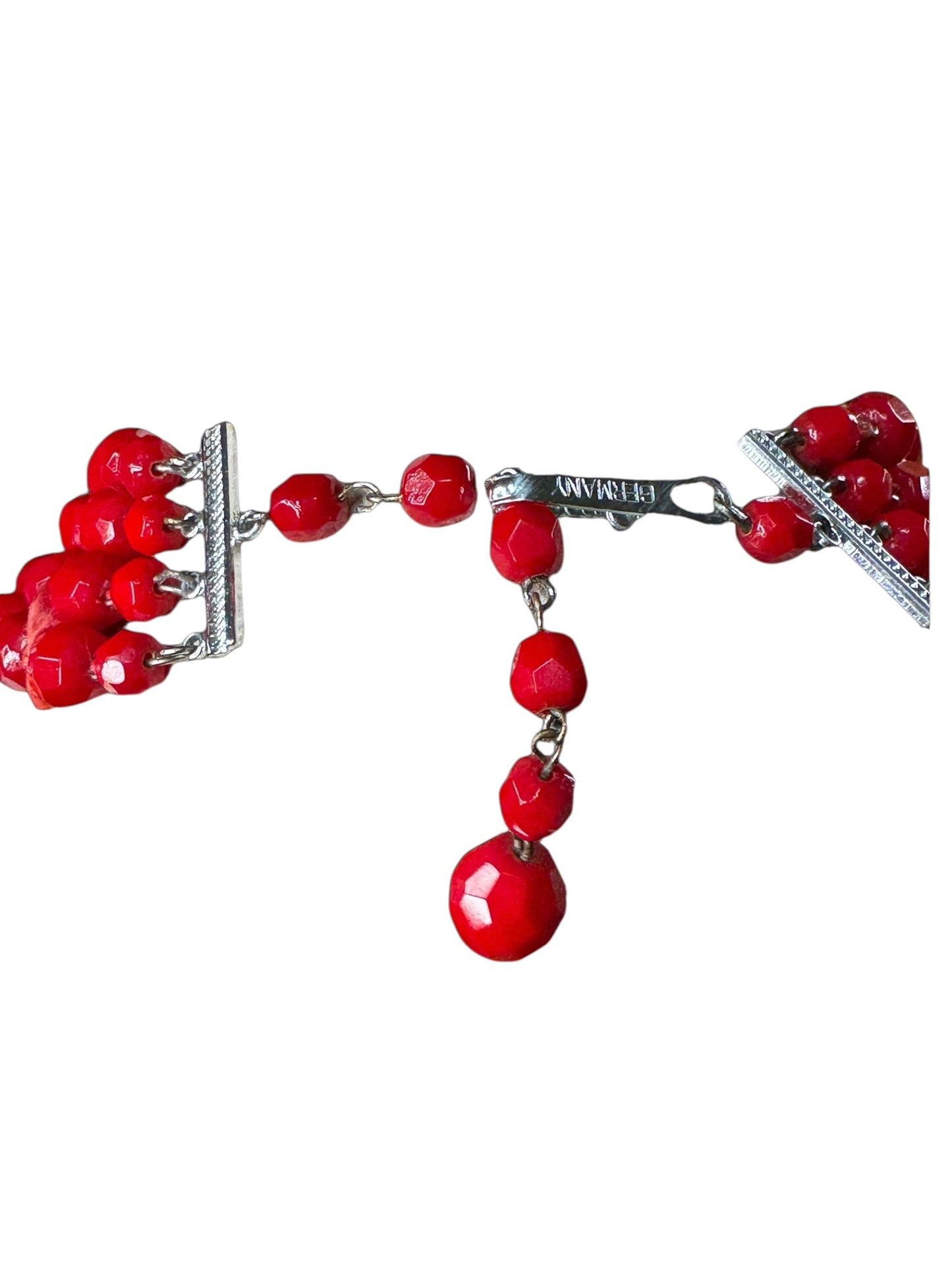Vintage made in Germany four strand red faceted glass bead necklace – graduated mid-century statement jewelry