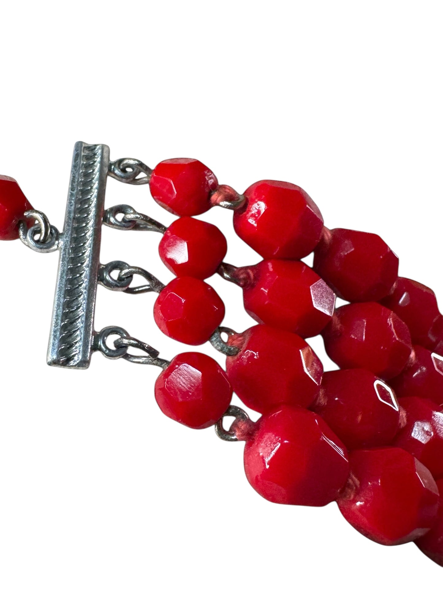 Vintage made in Germany four strand red faceted glass bead necklace – graduated mid-century statement jewelry