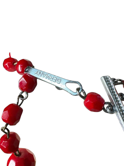 Vintage made in Germany four strand red faceted glass bead necklace – graduated mid-century statement jewelry