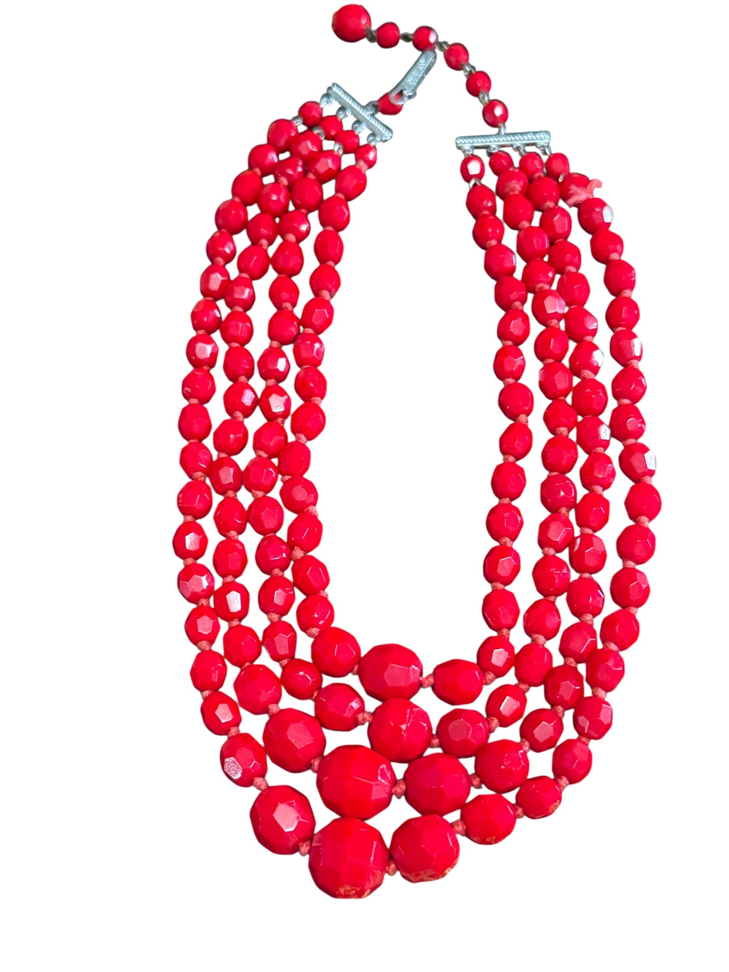 Vintage made in Germany four strand red faceted glass bead necklace – graduated mid-century statement jewelry