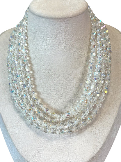 Vintage five-strand aurora borealis crystal necklace – signed made in Austria, dazzling mid-century statement jewelry