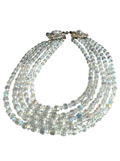 Vintage five-strand aurora borealis crystal necklace – signed made in Austria, dazzling mid-century statement jewelry