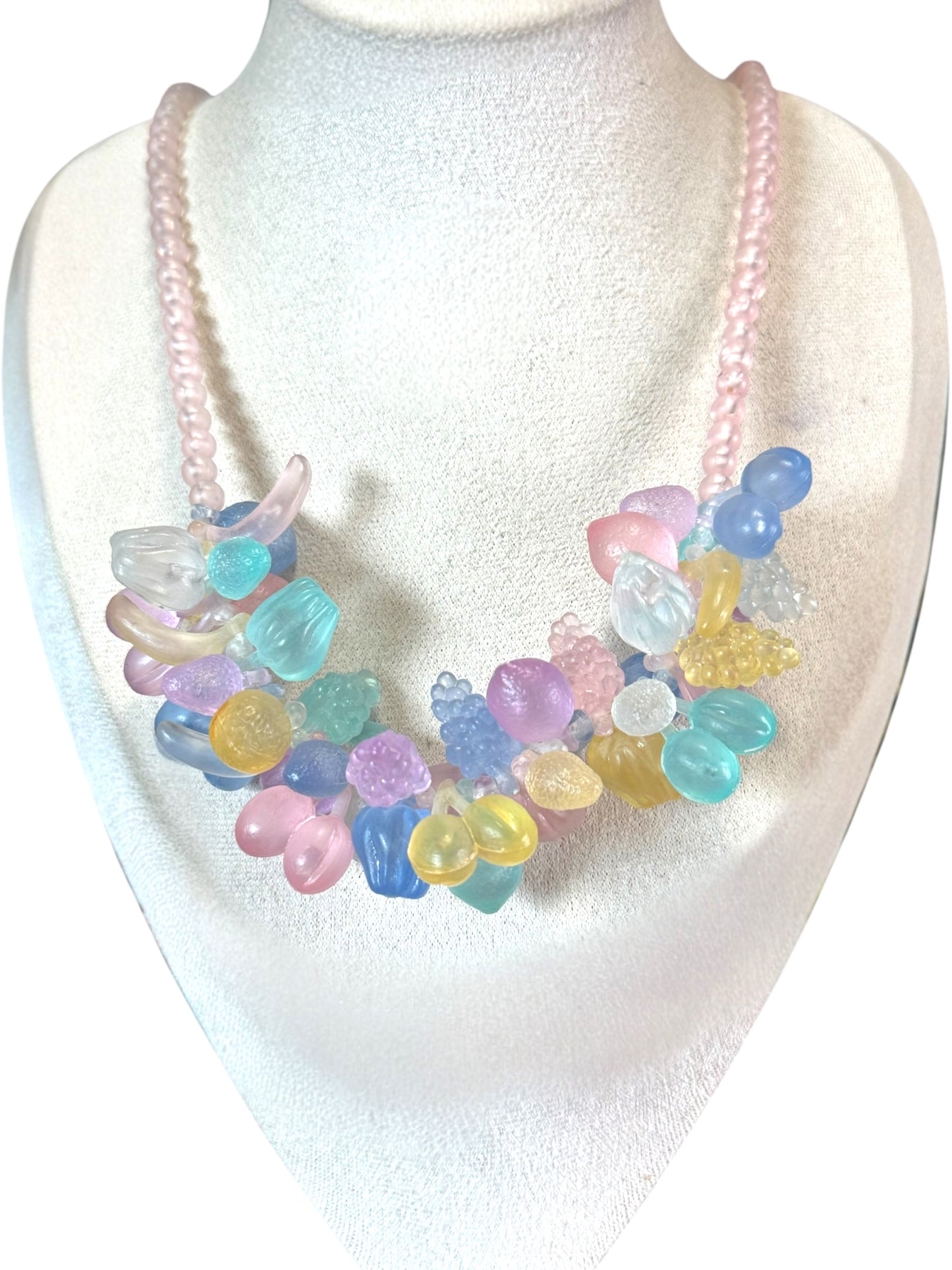 Vintage 1950s fruit salad necklace – frosted pastel plastic fruit clusters on pink beads