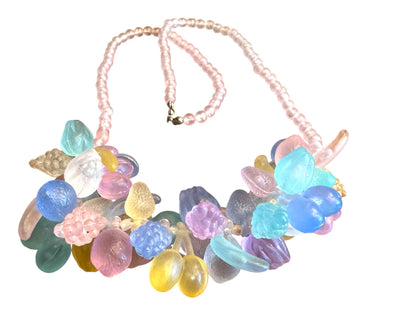 Vintage 1950s fruit salad necklace – frosted pastel plastic fruit clusters on pink beads