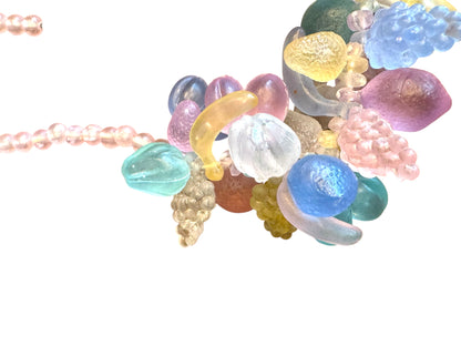 Vintage 1950s fruit salad necklace – frosted pastel plastic fruit clusters on pink beads