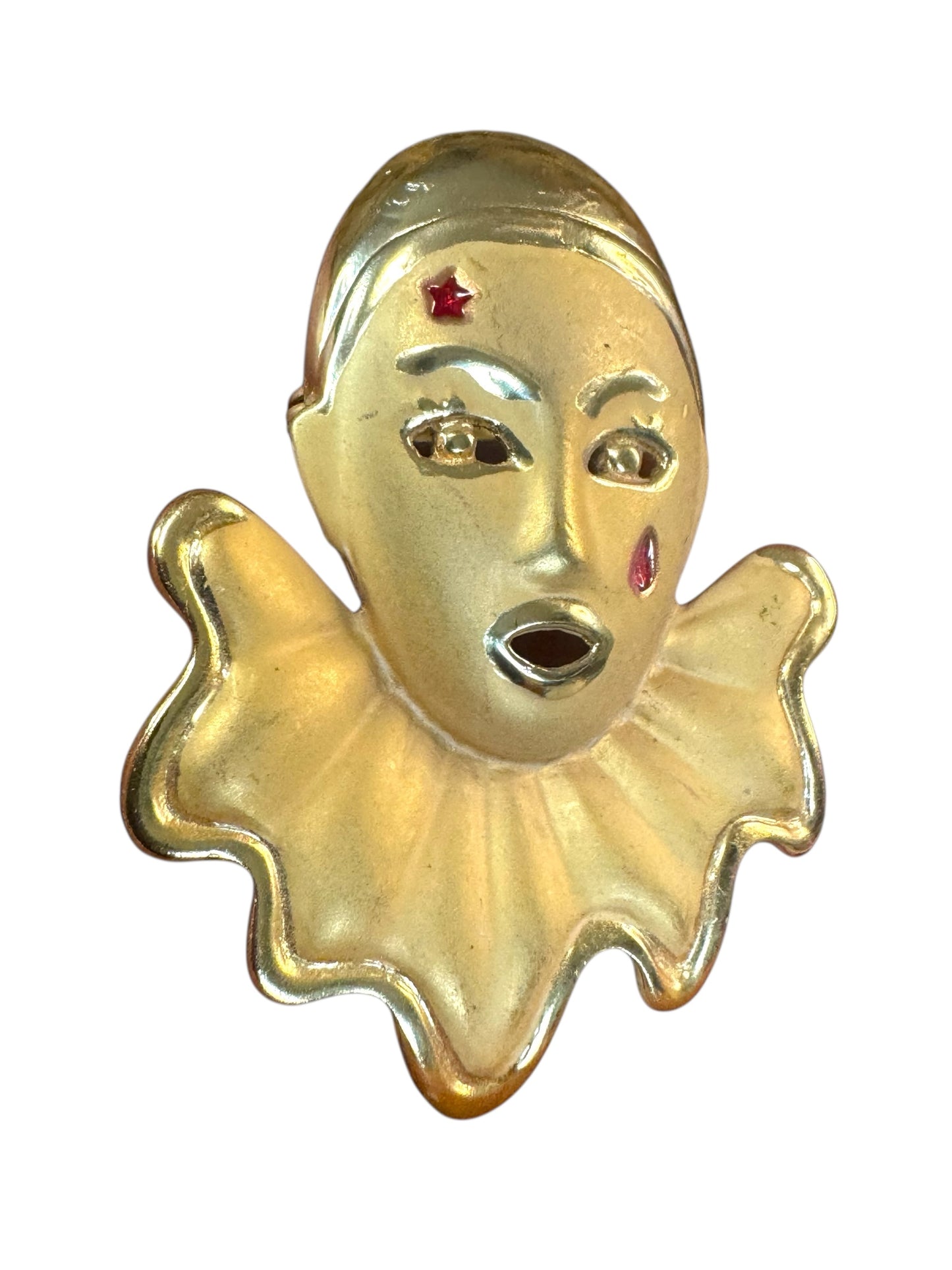 Vintage 1980s Pierrot clown brooch – gold tone sad clown pin with enamel star & teardrop, art deco revival