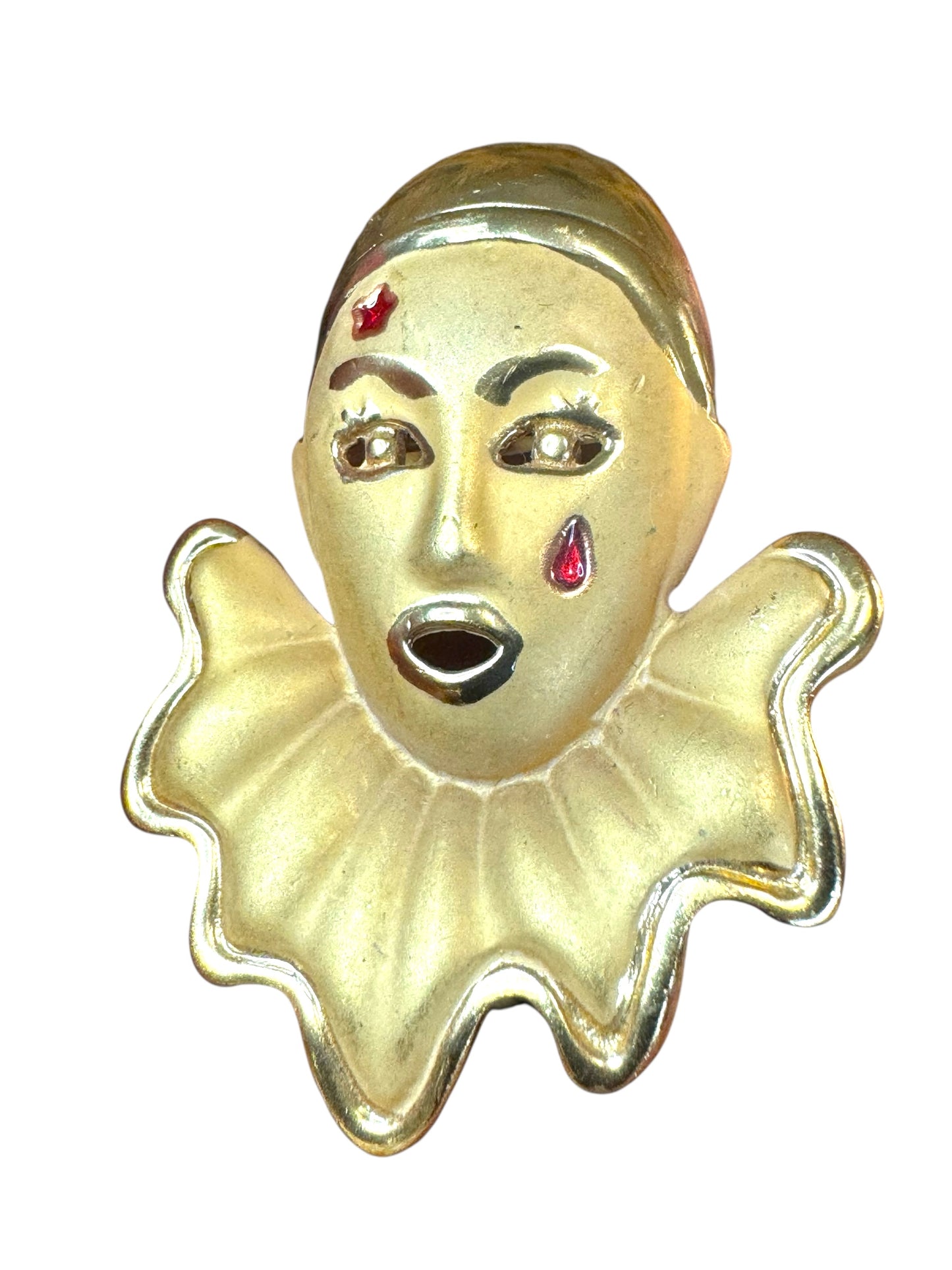 Vintage 1980s Pierrot clown brooch – gold tone sad clown pin with enamel star & teardrop, art deco revival