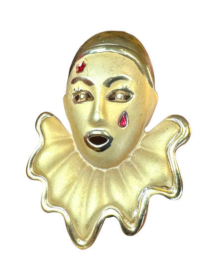 Vintage 1980s Pierrot clown brooch – gold tone sad clown pin with enamel star & teardrop, art deco revival