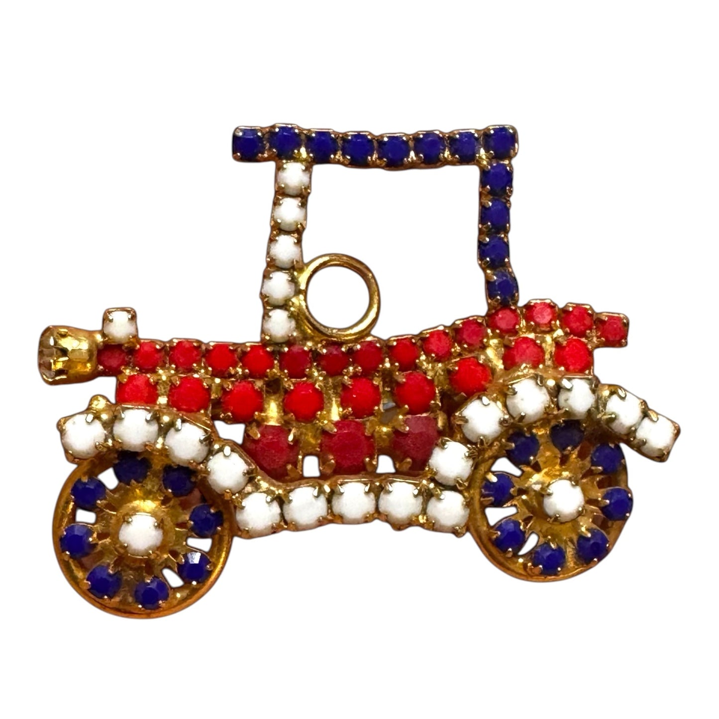 Vintage rhinestone Model T car brooch – red white blue patriotic Americana novelty pin, 1960s mid-century costume jewelry