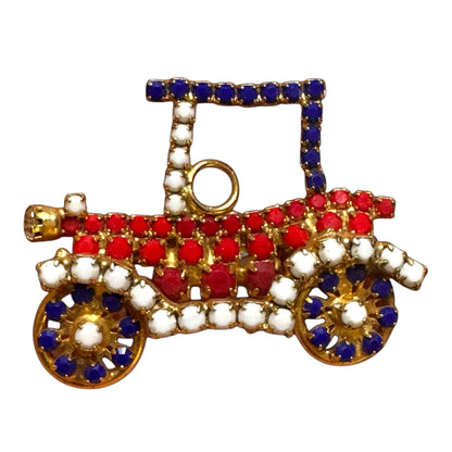 Vintage rhinestone Model T car brooch – red white blue patriotic Americana novelty pin, 1960s mid-century costume jewelry
