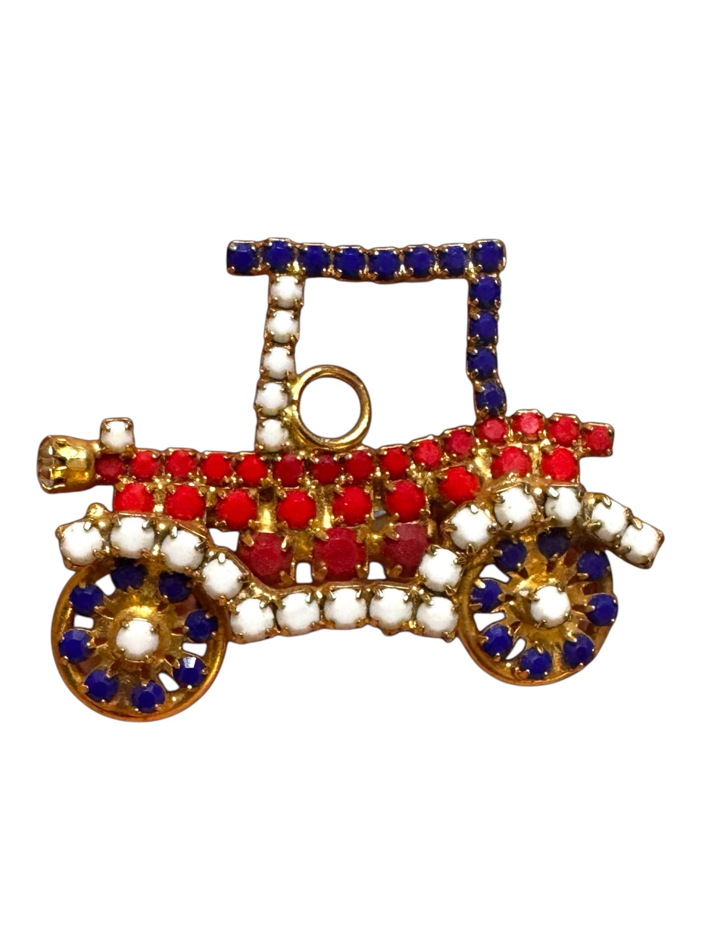 Vintage rhinestone Model T car brooch – red white blue patriotic Americana novelty pin, 1960s mid-century costume jewelry