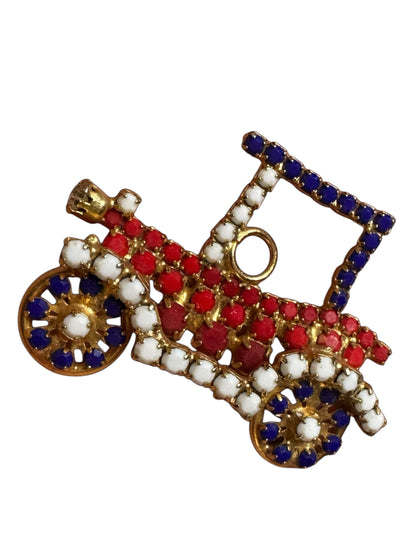 Vintage rhinestone Model T car brooch – red white blue patriotic Americana novelty pin, 1960s mid-century costume jewelry