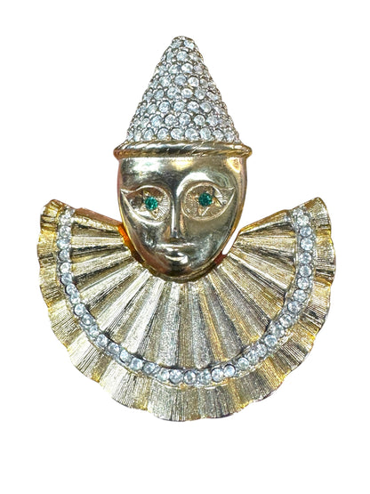 Vintage Harlequin clown rhinestone brooch – pavé Pierrot face pin with emerald green eyes, 1980s–1990s figural costume jewelry