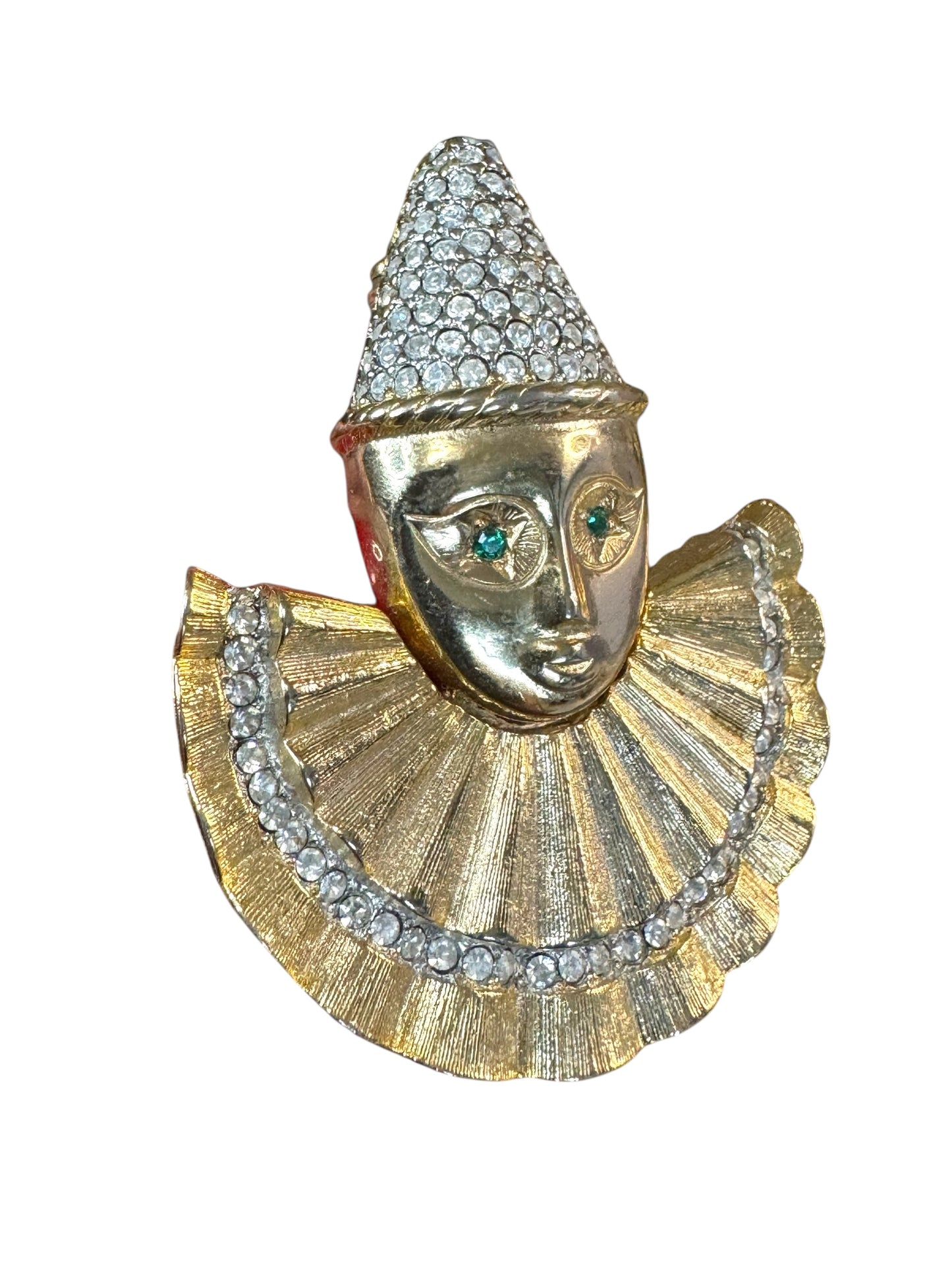 Vintage Harlequin clown rhinestone brooch – pavé Pierrot face pin with emerald green eyes, 1980s–1990s figural costume jewelry