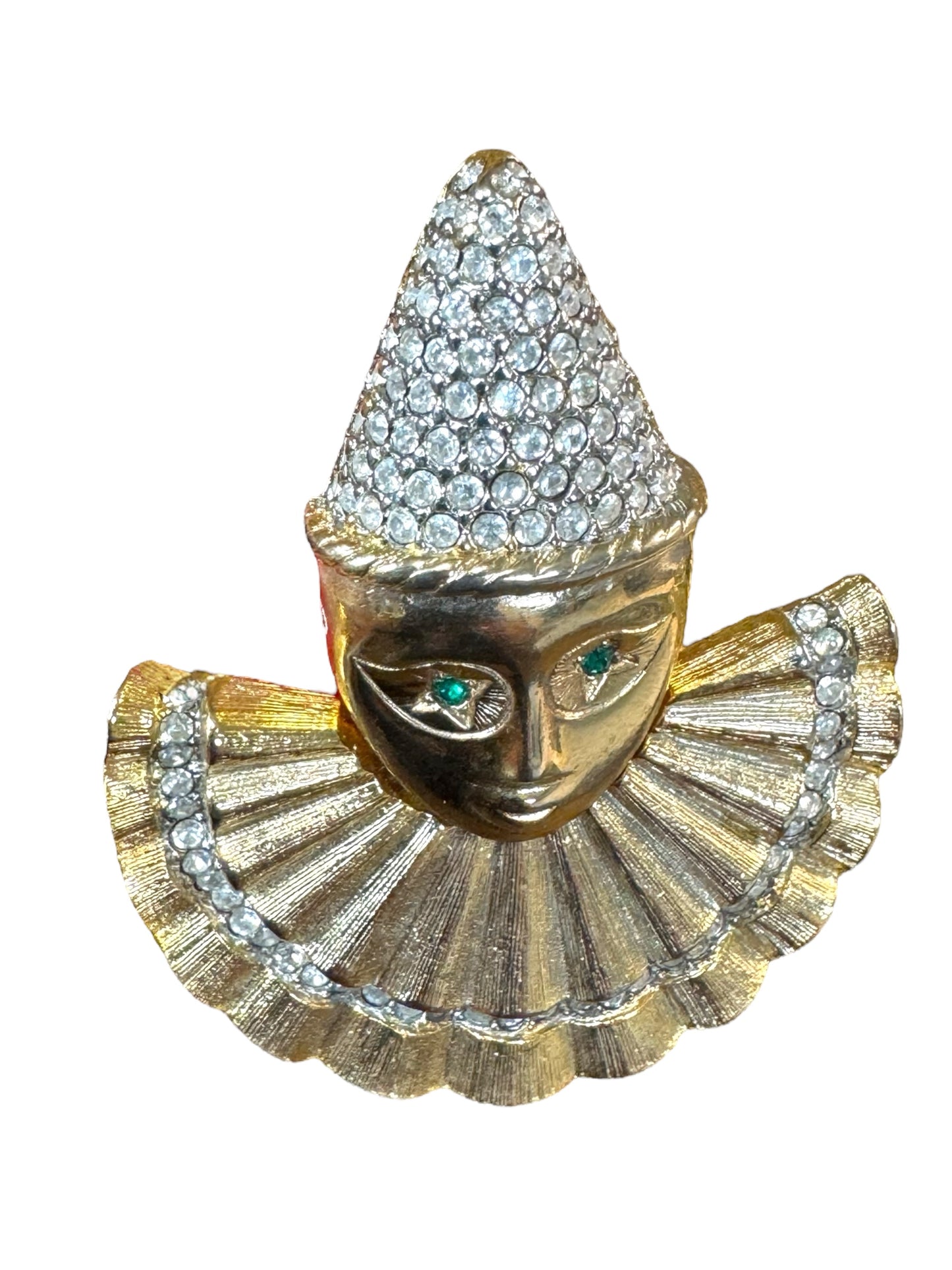 Vintage Harlequin clown rhinestone brooch – pavé Pierrot face pin with emerald green eyes, 1980s–1990s figural costume jewelry