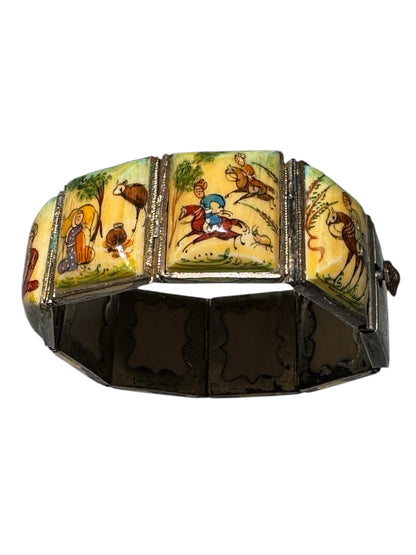 Antique 1920s Persian Silver Storybook Bracelet with Miniature Folk Art Paintings