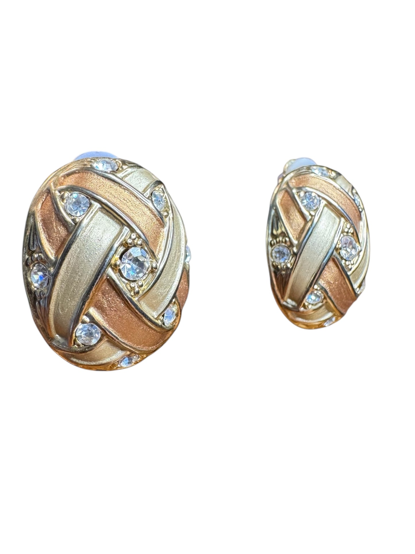 Vintage 1990s Carucci Brushed Gold & Rose Gold Oval Clip-On Earrings with Rhinestones