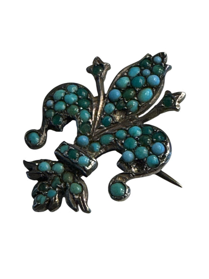 Antique Silver Fleur-de-Lis Brooch with Persian Turquoise – 800 Silver Marked, 19th Century