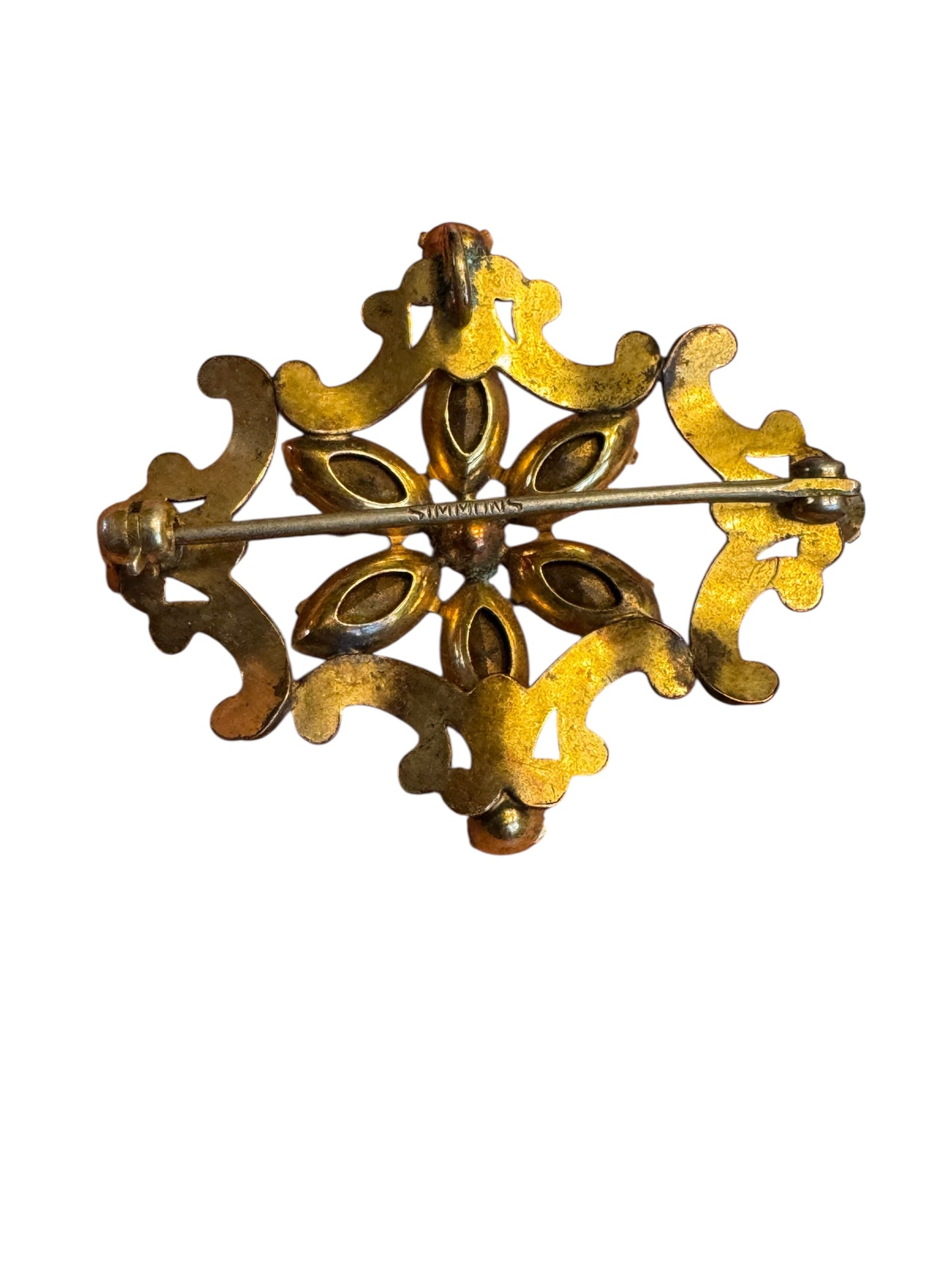 Vintage Simmons Blue Rhinestone Scroll Brooch – 1940s Floral Motif in Gold Tone