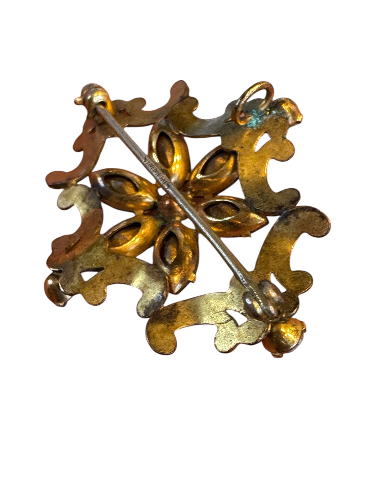 Vintage Simmons Blue Rhinestone Scroll Brooch – 1940s Floral Motif in Gold Tone
