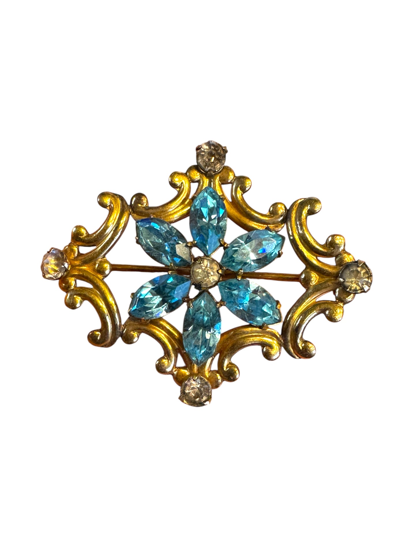 Vintage Simmons Blue Rhinestone Scroll Brooch – 1940s Floral Motif in Gold Tone