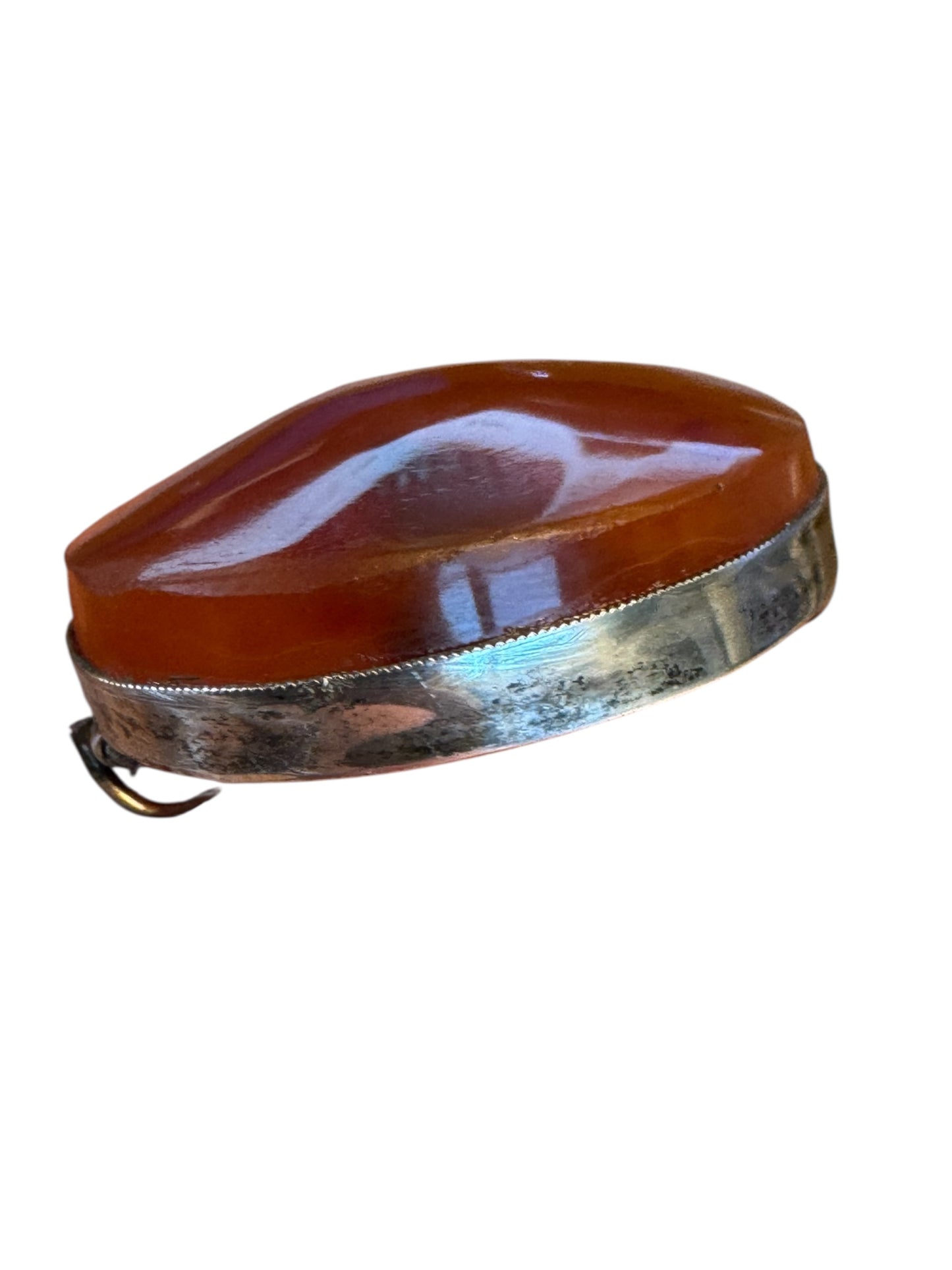 Antique Carnelian Silver Brooch – Oval Cabochon With C-Clasp & Signed Setting