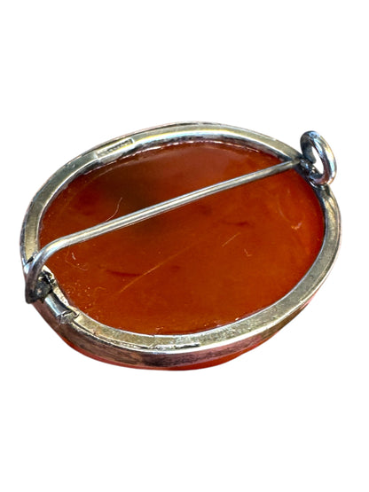 Antique Carnelian Silver Brooch – Oval Cabochon With C-Clasp & Signed Setting