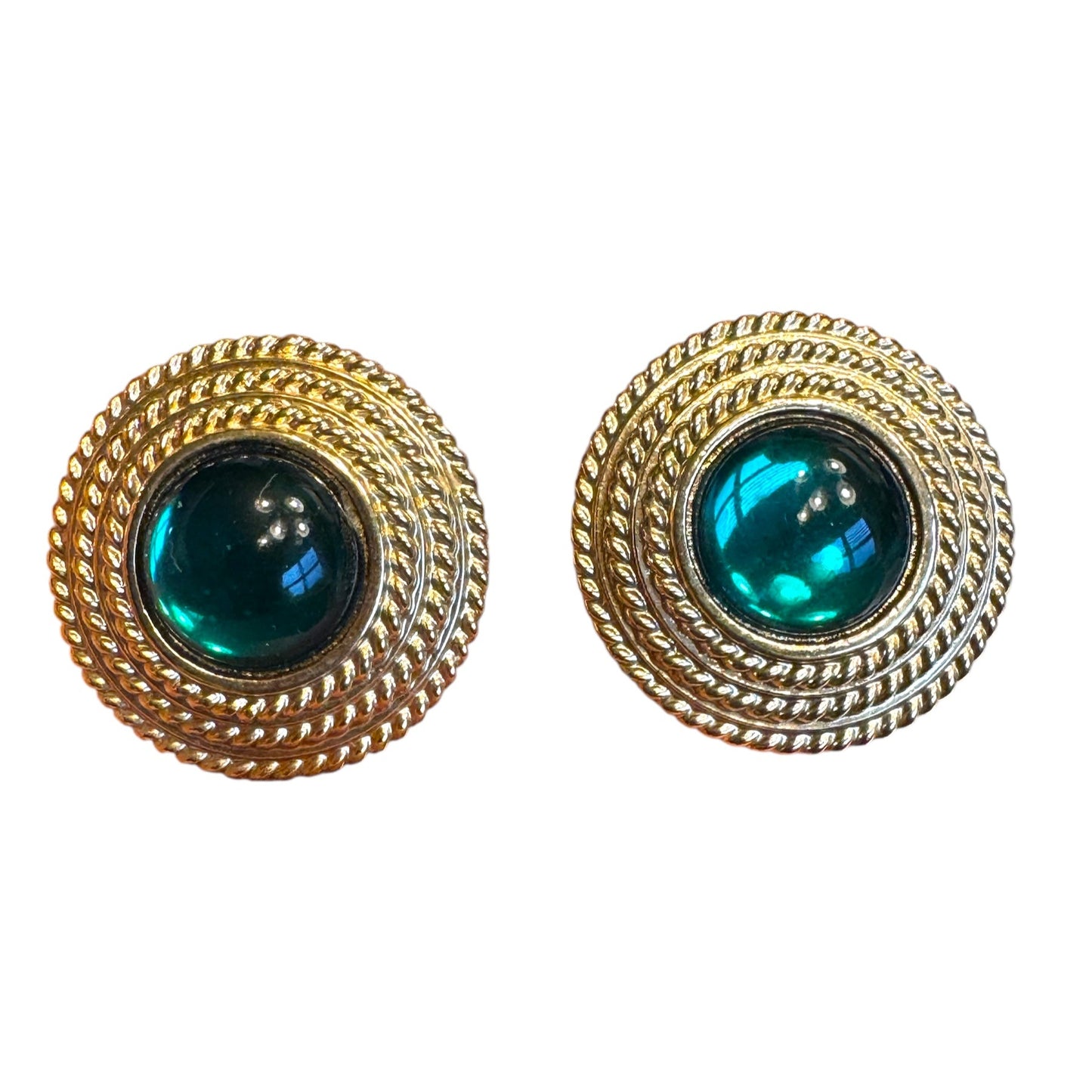 Vintage Joan Rivers Clip-On Earrings – Chunky Gold-Tone Braided Button with Green Cabochon