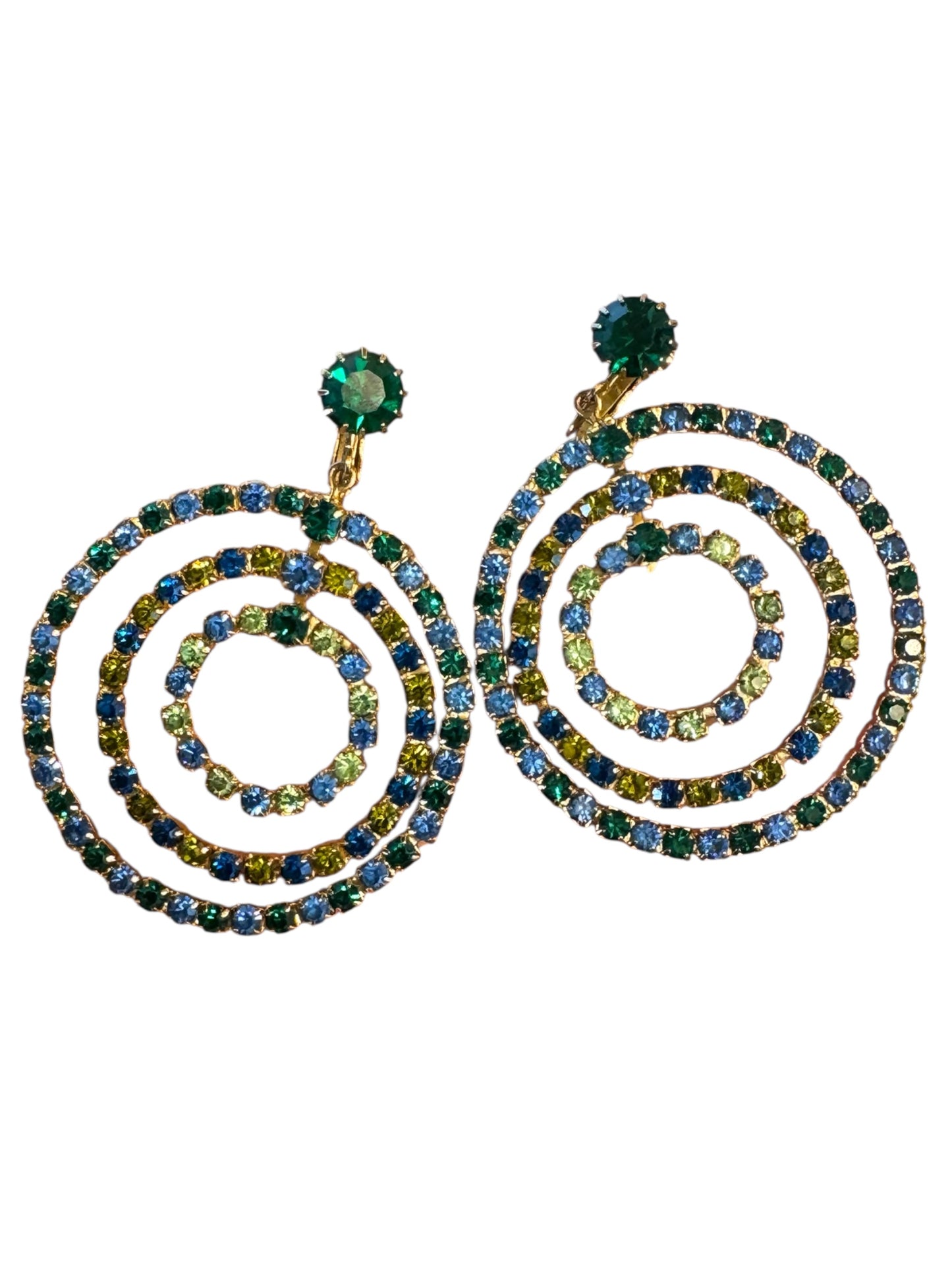 Vintage Green & Blue Rhinestone Dangle Clip-On Earrings – Uranium Glass & Emerald Sparkle