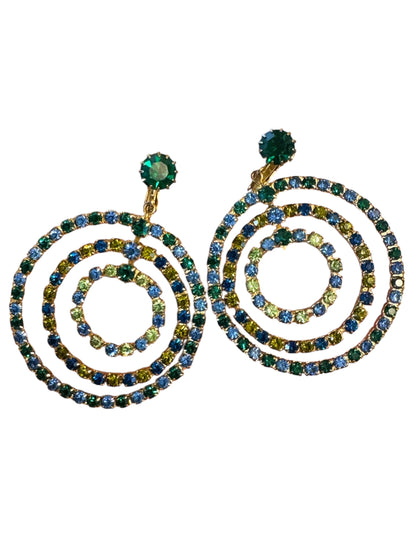 Vintage Green & Blue Rhinestone Dangle Clip-On Earrings – Uranium Glass & Emerald Sparkle
