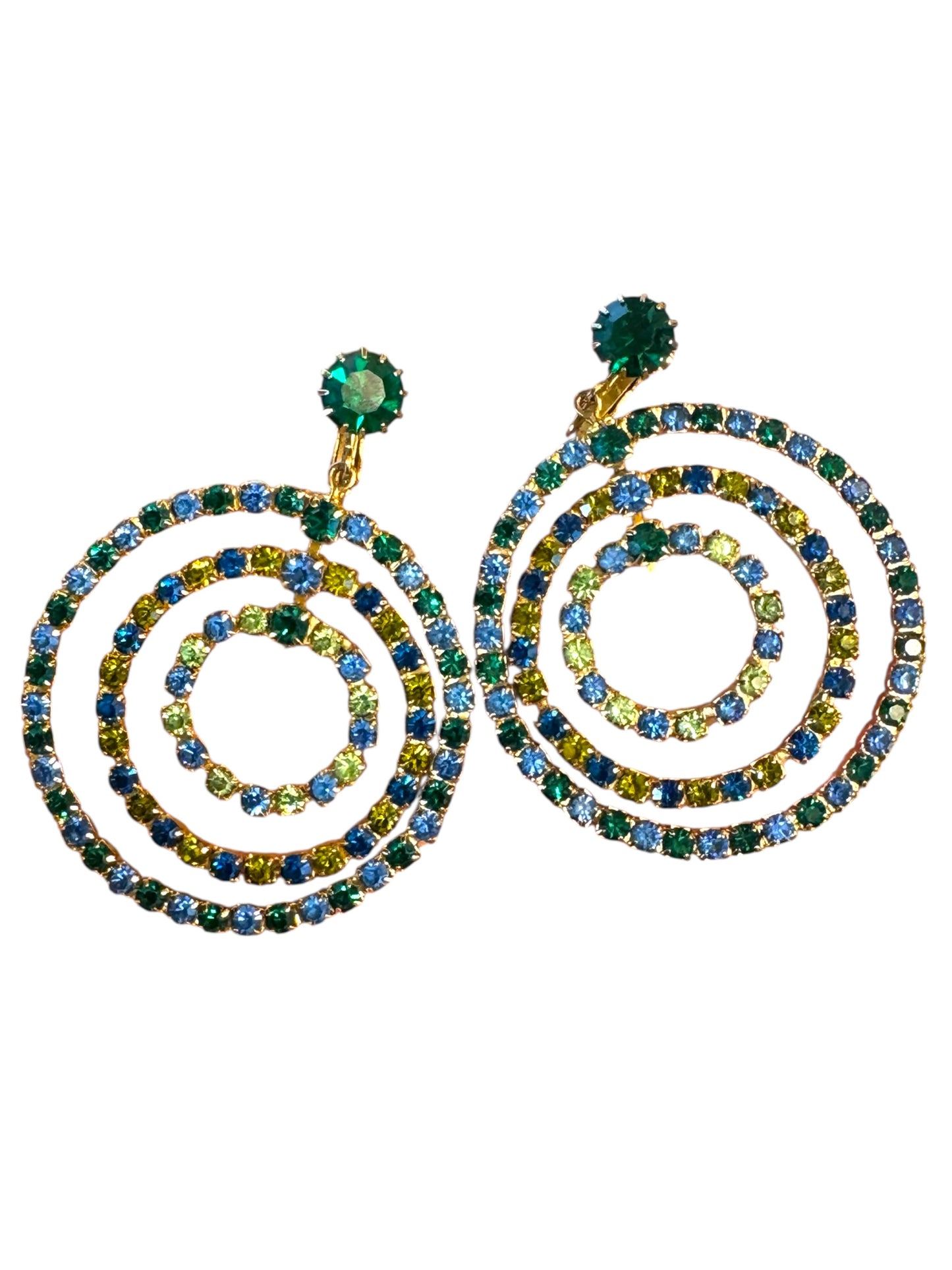 Vintage Green & Blue Rhinestone Dangle Clip-On Earrings – Uranium Glass & Emerald Sparkle