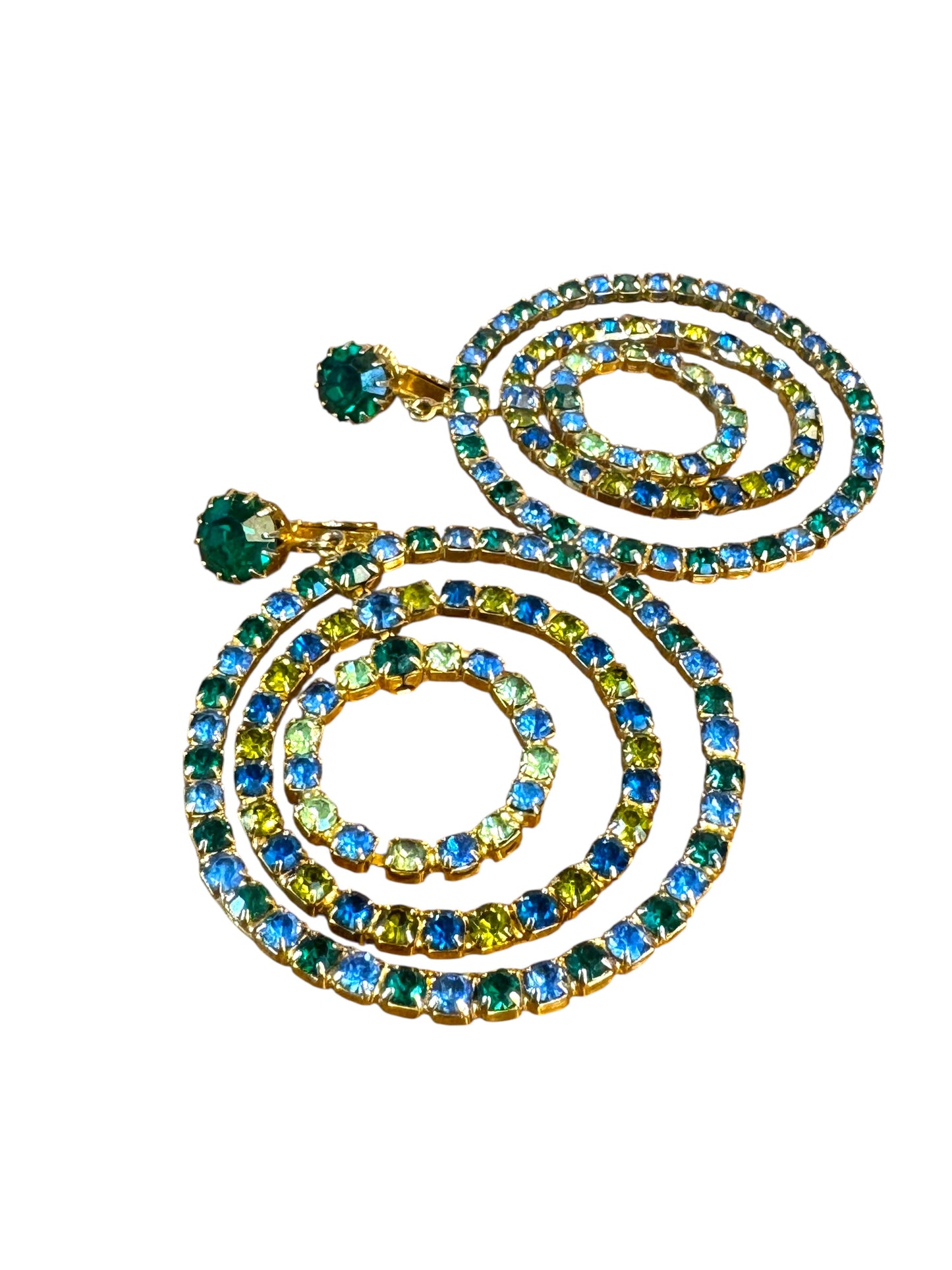 Vintage Green & Blue Rhinestone Dangle Clip-On Earrings – Uranium Glass & Emerald Sparkle