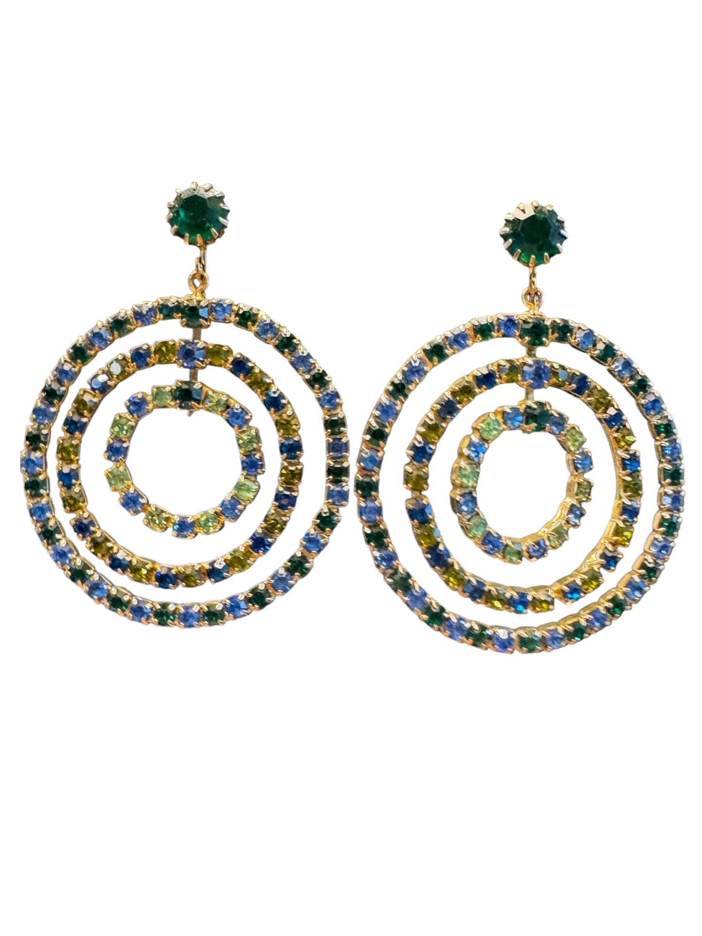 Vintage Green & Blue Rhinestone Dangle Clip-On Earrings – Uranium Glass & Emerald Sparkle