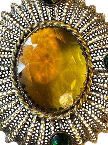 Vintage Dean Meltzer Statement Pendant – Large Openwork Design with Amber & Emerald Glass Stones