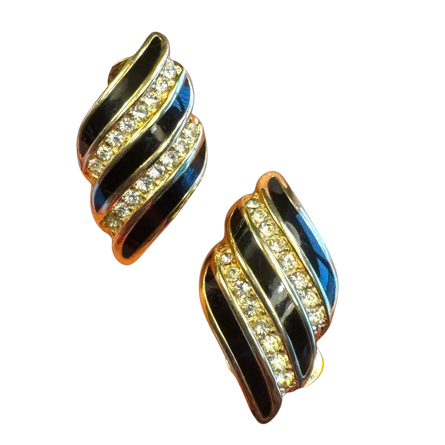 Vintage Christian Dior Couture Black Enamel & Crystal Clip-On Earrings – Signed Gold-Tone Designer Jewelry