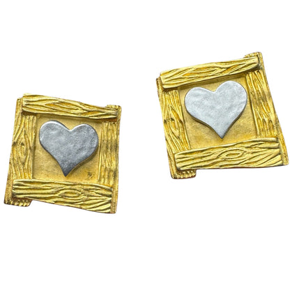 Rare Couture Karl Lagerfeld Vintage Gold Square Clip-On Earrings with Silver Heart – Signed Statement Jewelry