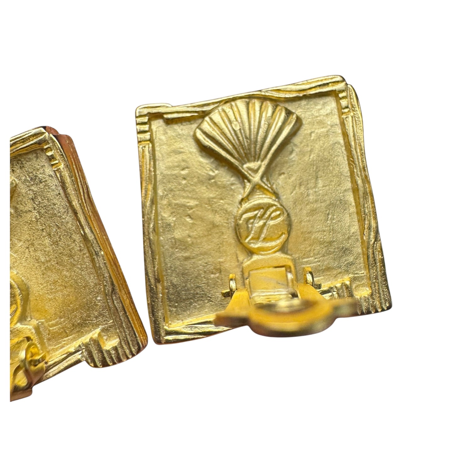 Rare Couture Karl Lagerfeld Vintage Gold Square Clip-On Earrings with Silver Heart – Signed Statement Jewelry