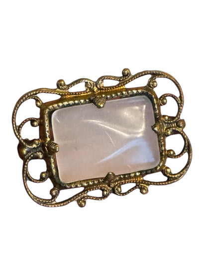 Vintage 1940s Brass Filigree Brooch with Pink Glass Cabochon – Ornate Victorian Revival Pin