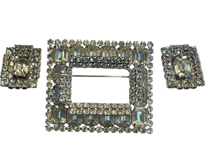 Vintage Mid-Century Rhinestone Brooch & Earrings Set – Silver-Tone Geometric Sparkle