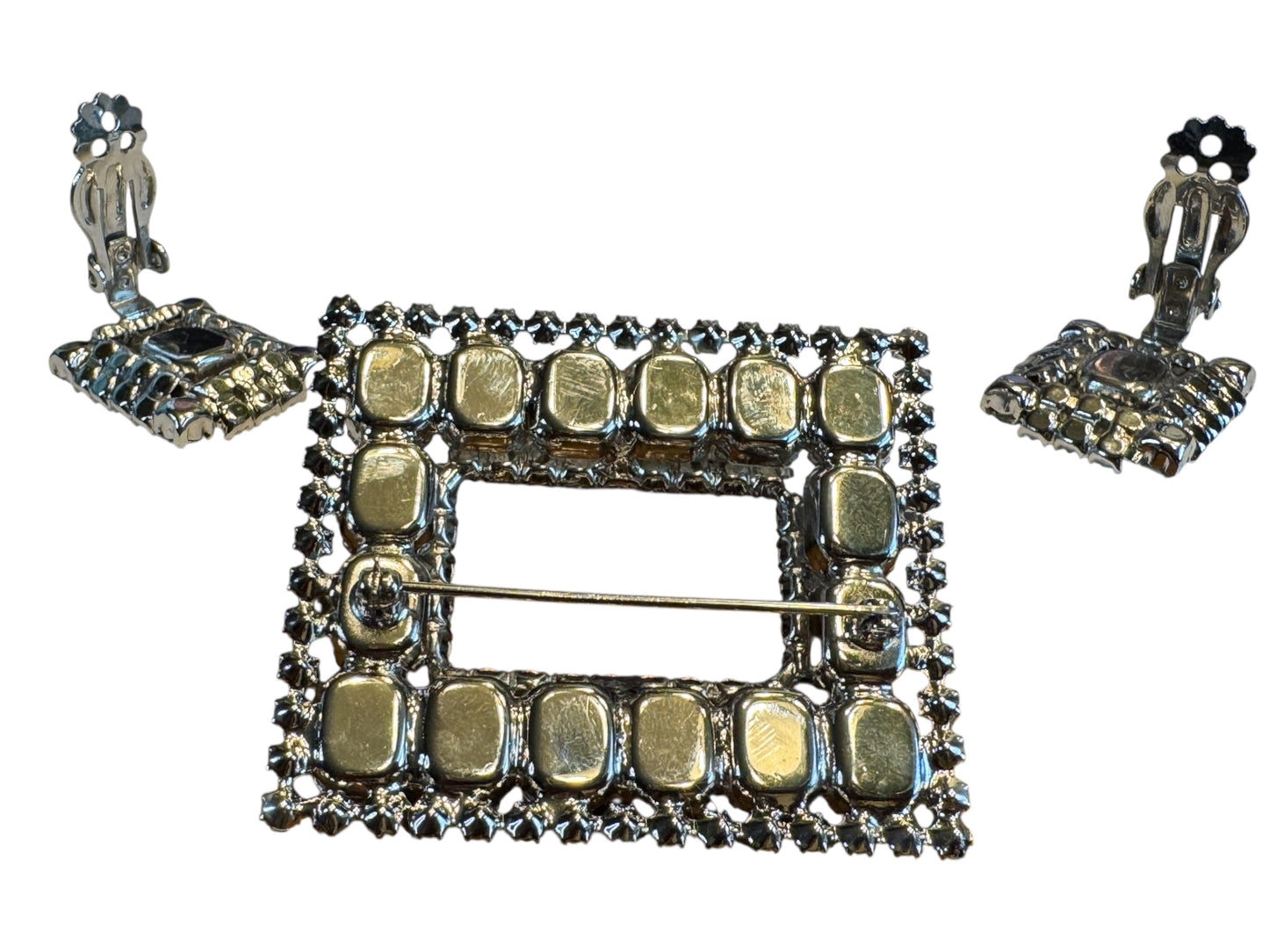Vintage Mid-Century Rhinestone Brooch & Earrings Set – Silver-Tone Geometric Sparkle
